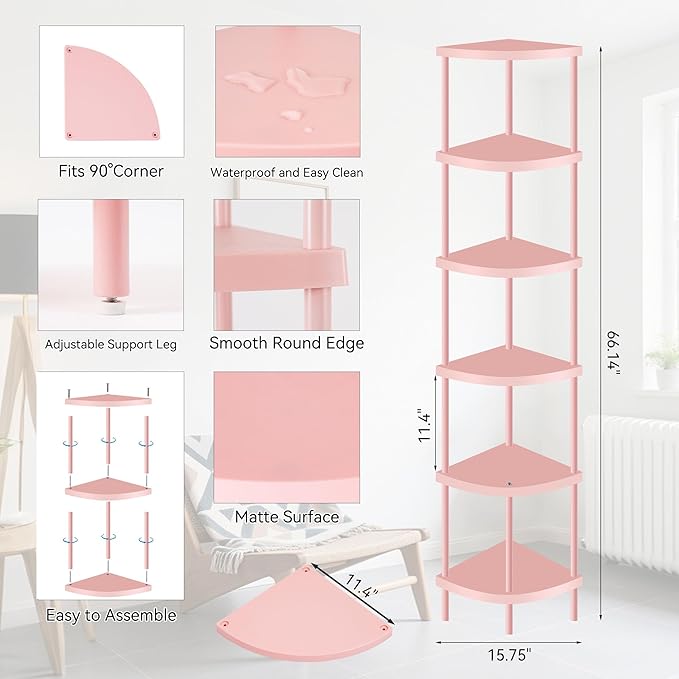Qupui 6 Tier Corner Shelf Stand, 66” Tall Corner Bookshelf Multipurpose Shelving Unit, Corner Stand Display Rack Home Organizer Shelves for Bedroom Living Room, Pink