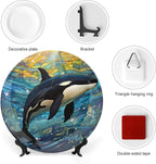 Decorative Plates for Wall Hanging, Underwater Whale Stained Glass Painting Ceramic Plate w/Display Stand, Home Decor for Kitchen Cabinets, Farmhouse Round Tray 8 Inch, Gift for Whale Lover