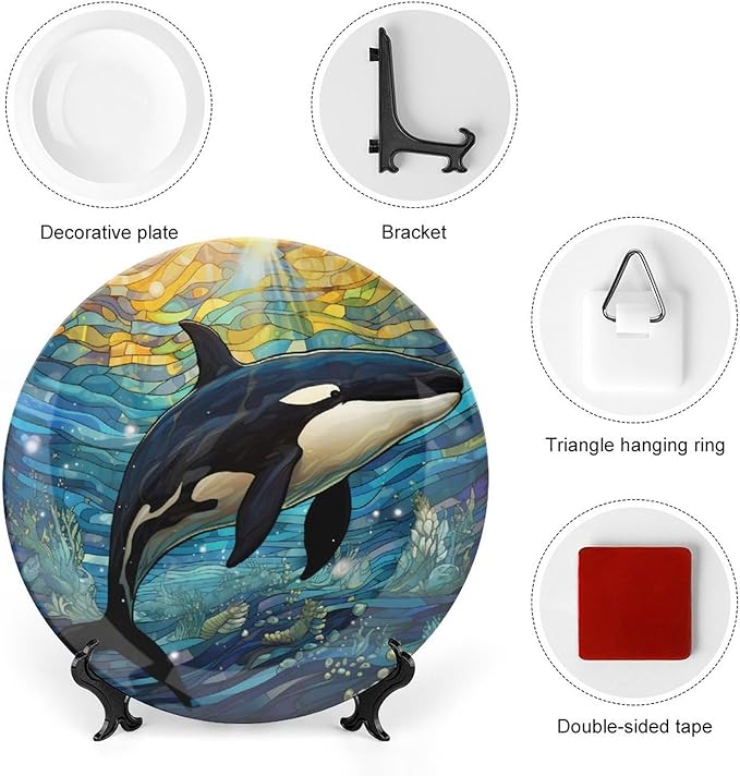Decorative Plates for Wall Hanging, Underwater Whale Stained Glass Painting Ceramic Plate w/Display Stand, Home Decor for Kitchen Cabinets, Farmhouse Round Tray 8 Inch, Gift for Whale Lover
