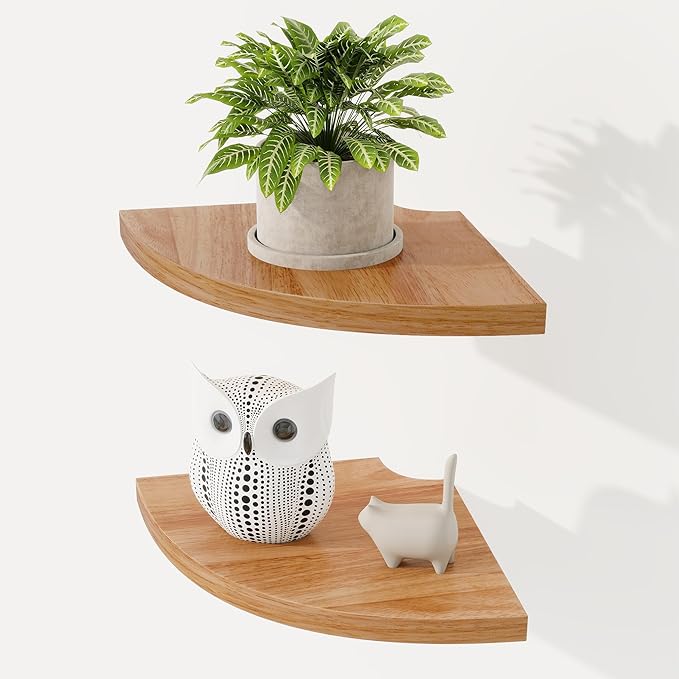 Fun Memories Corner Shelf Wall Mount Set of 2 - Solid Oak Wood Floating Corner Shelf with Cable Hole, 7in Rustic Design for Bedroom, Living Room, Kitchen (Natural)