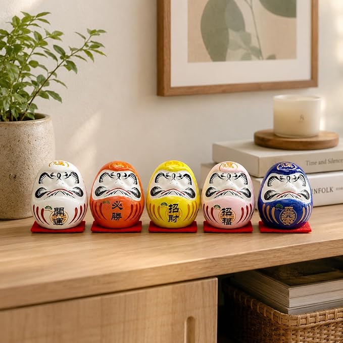 LOGOFUN 5PCS Small Daruma Figurine Japanese Daruma Doll Set Ceramic Good Luck Daruma Statue for Indoor Home Car Desktop Decor - No Eyes 4.5CM