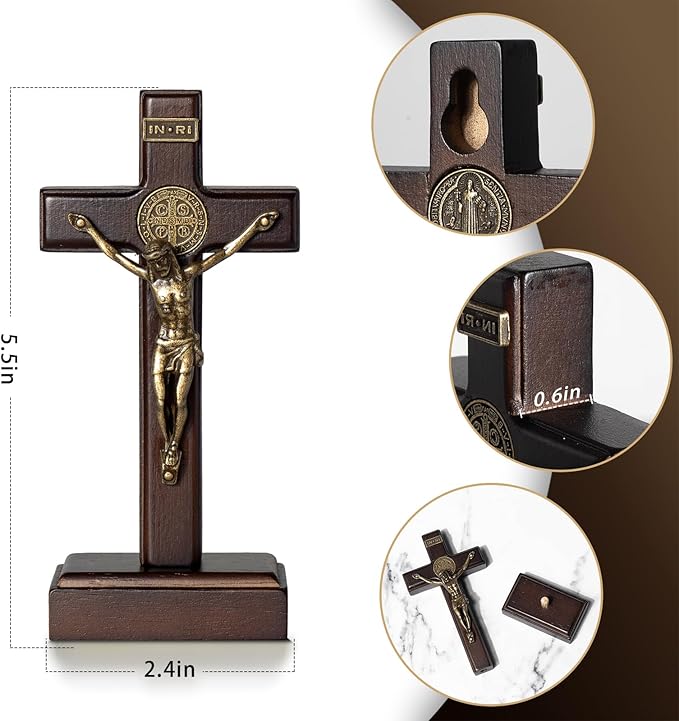 KUXBET Wood Standing Cross 5inch Small Crucifix- Jesus Christ Wall Hanging Cross Crucifix for Table or Wall Home Decoration