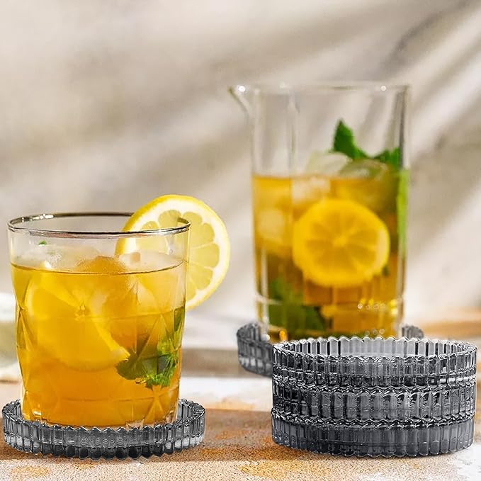 Modern Clear Coaster Set of 5- Glass Coasters for Drinks Crystal Coasters Round Cup Coasters Coffee Table Decor for Office, Kitchen, Bar, Dining Room, Living Room, Patio (Clear Black)
