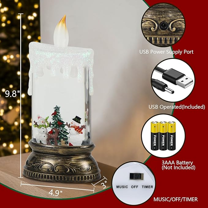 Wondise Rechargeable Musical Snowman Snow Globe Lantern with 6H Timer, Battery Operated USB Powered Lighted Snow Globe Lamp Spinning Water Swirling Glitters Holiday Decor