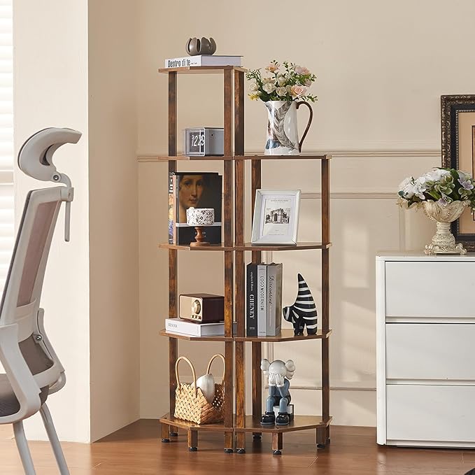YUFAM 5-Tier Corner Shelf with Sturdy 5-Leg Base, Wooden Corner Bookshelf for Small Spaces, Corner Standing Shelf for Living Room, Bedroom, Office, Brown