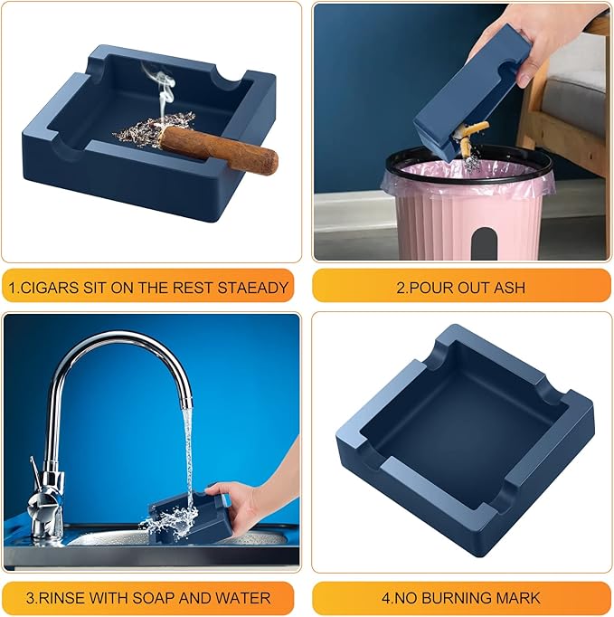 Cigar Ashtray with Large Wide Rests Suit for Any Gauge Cigars,Silicone Cigar Ashtrays for Outdoors Indoor Patio Outside,Unbreakable/Burn-resistant/Non-slip Ashtray (Navy Blue)