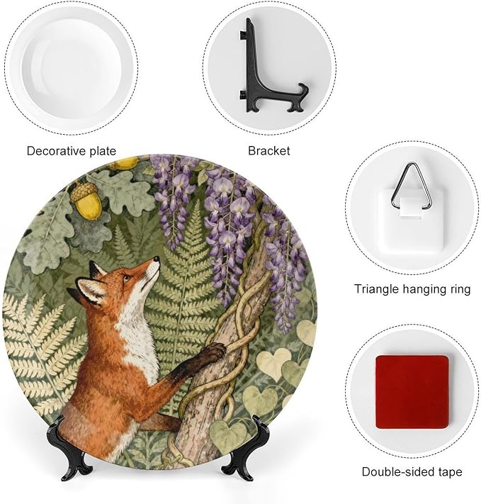 Art Nouveau William Morris Flowers And Foxes Vintage Plates of 6", 7", 8", 10", Custom Christmas Bone China Decorative Plate, Custom Gifts, Office Festival Decorations Household, with Display Stand