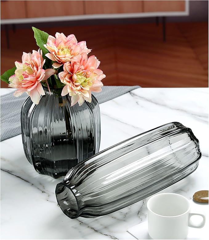 Black Grey Glass Vase for Flowers,Dark Grey Bud Tall Glass Vases,H-8.0" Simple Striped Design for Home Floor Decor,Farmhouse Decor, Centerpiece Coffee Table Decorations