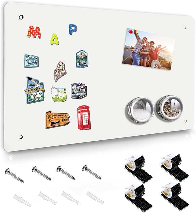 White Magnetic Board,17.5" x 11.4" Magnet Bulletin Board to Display Magnetic Notes, Poetry, Photos, Suitable for Wall, Refrigerator, Cabinet etc, Come with 4 Pcs Dual Lock Tape and Screws