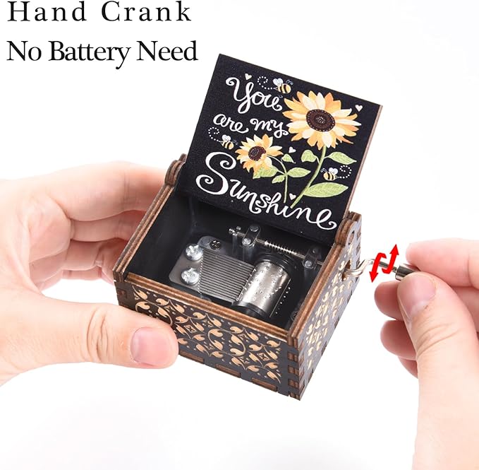 You are My Sunshine Wood Music Boxes, Laser Engraved Vintage Wooden Sunshine Hand Crank Musical Box Gifts for Birthday/Christmas/Valentine's Day/Mothers Day/Anniversary
