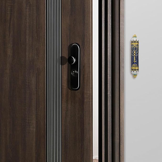 Mezuzah with Scroll for Door, Enamel&Zinc Alloy Blessing Mezuzah Case for Door, Colored Painted Mezuzha Scroll Kosher for Jewish Gifts/Jewish Decor, Christmas (Blue, 5 * 0.86 in)