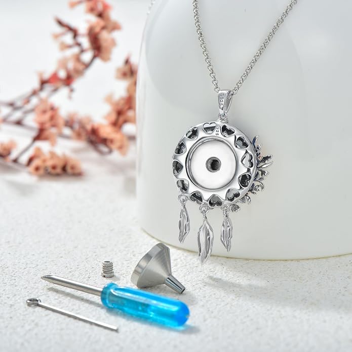 Dream Catcher Crystal Pendant Flower Urn Necklace Jewelry 925 Sterling Silver Keepsake Cremation Necklaces for Human Pet Ashes for Women