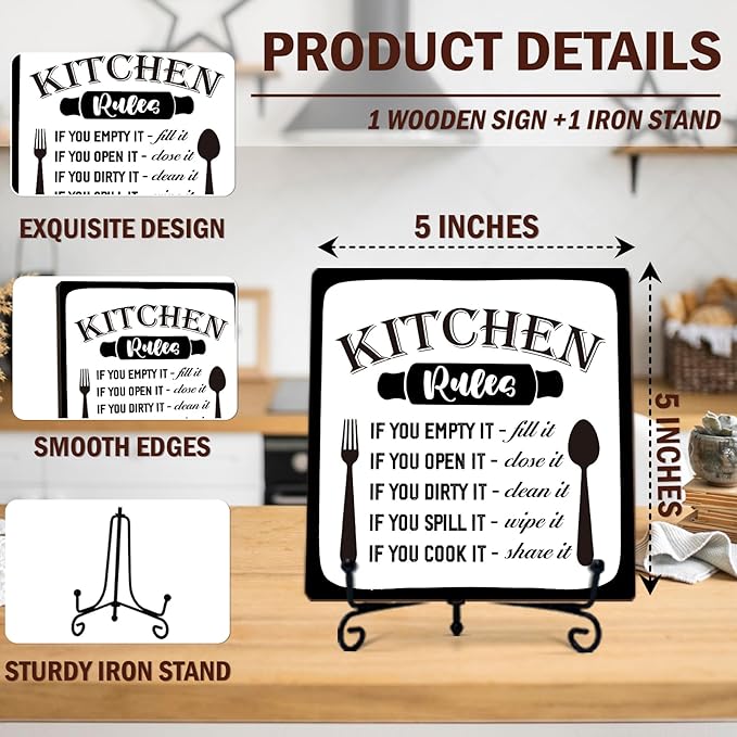 DETIHO Farmhouse Kitchen Decor, Rustic Kitchen Counter Decor, Wood Plaque with Iron Stand for Home Dining Room Tabletop Decoration - G01