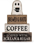 Lineshading 4 Pcs Halloween Coffee Table Decorations Cute Ghost Stacked Wooden Decor - Brewed & Boo'd Coffee Neutral Halloween Tiered Tray Decor Rustic Ghost Table Centerpiece for Home Kitchen Bar