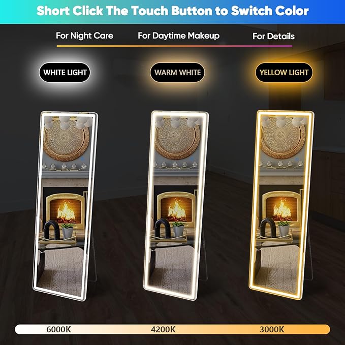 DUMOS LED Full Length Mirror, 20"x63" Full Body Floor Standing Mirror with 3 Color Lights & Wall Mounted for Bedroom, Dressing Room, Living Room, Bathroom