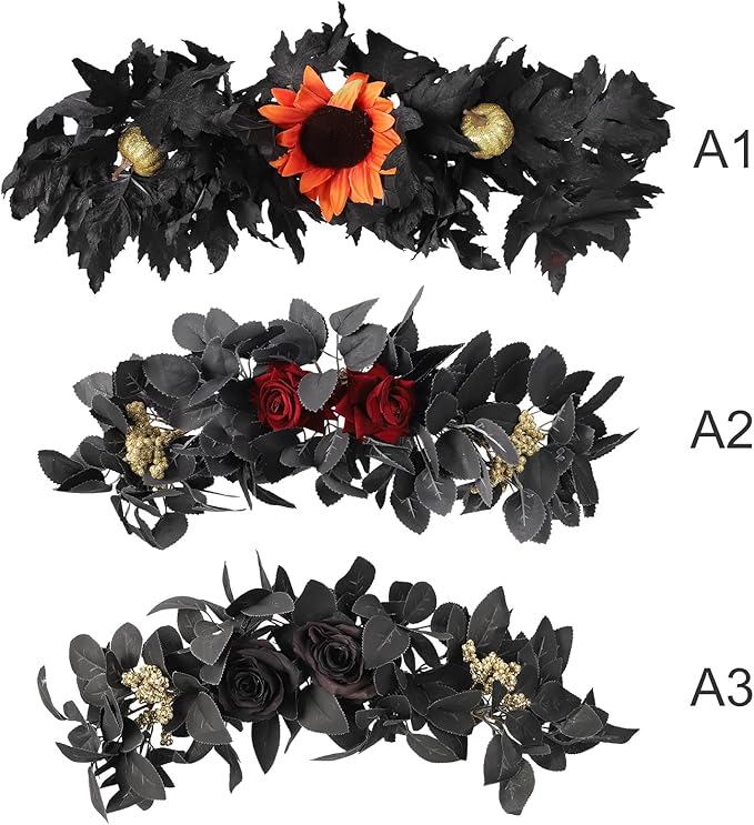 Artificial Flower Swag, Rose Eucalyptus Floral Swag Black Decorative Swag, Decorative Swag with Black Eucalyptus Leaves for Halloween Home Front Door Lintel Wedding Arch Party Tabletop Wall Decor(A2)