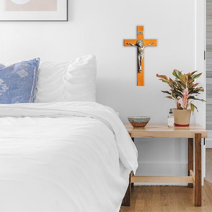 KUXBET Crucifix Wall Cross Wooden Jesus Christ Catholic Hanging Wall Cross for Home Decor 10 Inch Cross For Wall Golden Oak (10" L x 4.9" W)
