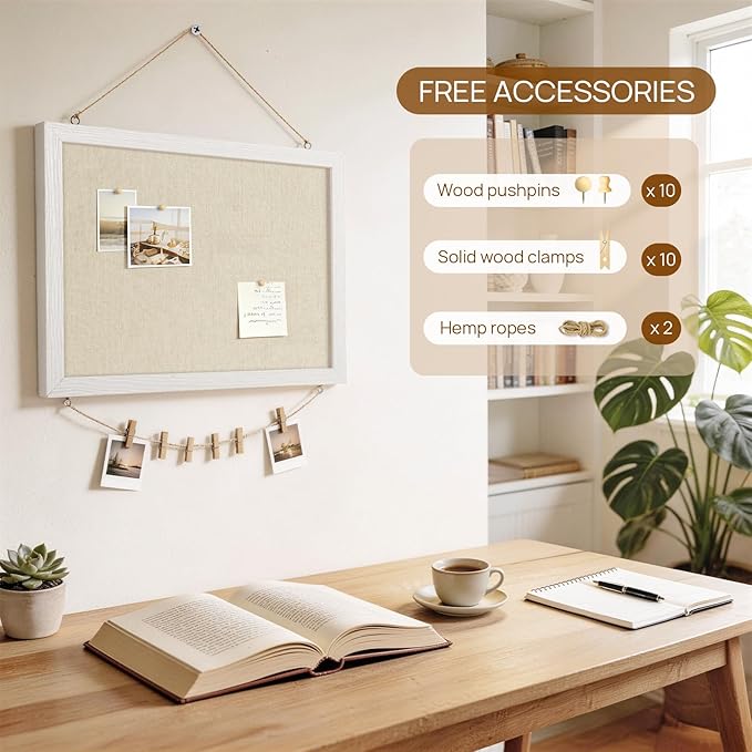 DOLLAR BOSS Bulletin Boards with Linen 1-Pack 16''X 12'' Double-Sided Cork Board for Walls Wood Framed Bulletin Boards, Small Pin Board for Home Kitchen Office Decorative Hanging 10 Pushpins