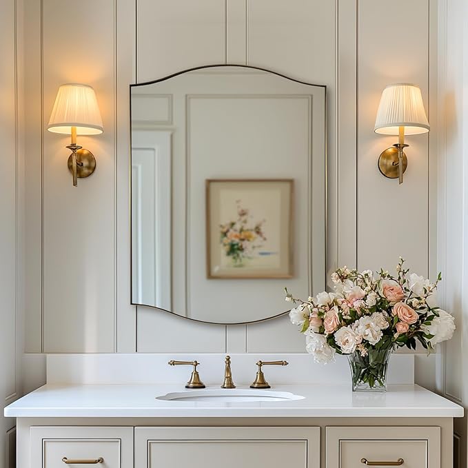 ANDY STAR Scalloped Bathroom Mirror，24"x32" Gold Rectangle Wall Mirror with Curved Edge Stainless Steel Metal Frame, Brass Vanity Wall-Mounted Mirror for Bathroom, Entryway