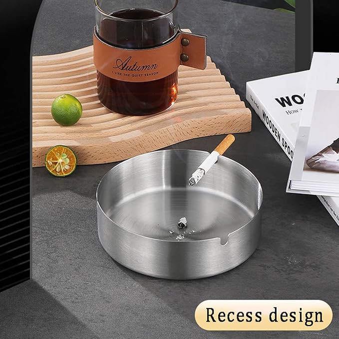 Ashtray Stainless Steel Cigarette Ashtray Ash Tray for Cigarettes 2 Pack (Silver, Large-3.94in)