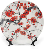 Japanese Spring Theme Decorative Ceramic Plate Round Porcelain Plate,Plum Tree Blossoms Pattern,for Decorative Ornaments Giving Plates, 1 Plate with 1 Display Stand,Red Beige,10 inch