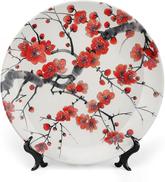 Japanese Spring Theme Decorative Ceramic Plate Round Porcelain Plate,Plum Tree Blossoms Pattern,for Decorative Ornaments Giving Plates, 1 Plate with 1 Display Stand,Red Beige,10 inch