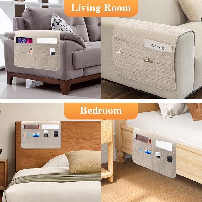 Sofa Armrest Organizer Arm Chair Caddy for Recliner, Remote Control Holder for Recliner, Non-Slip Armchair Caddy with 6 Pockets Storage for Magazine, Tablet, Phone, Beige