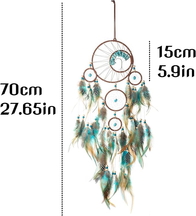 Life Tree Dream Catcher with Chakra Crystals - Handmade Brown Blue 5-Ring Wall Hanging for Bohemian Home Decor