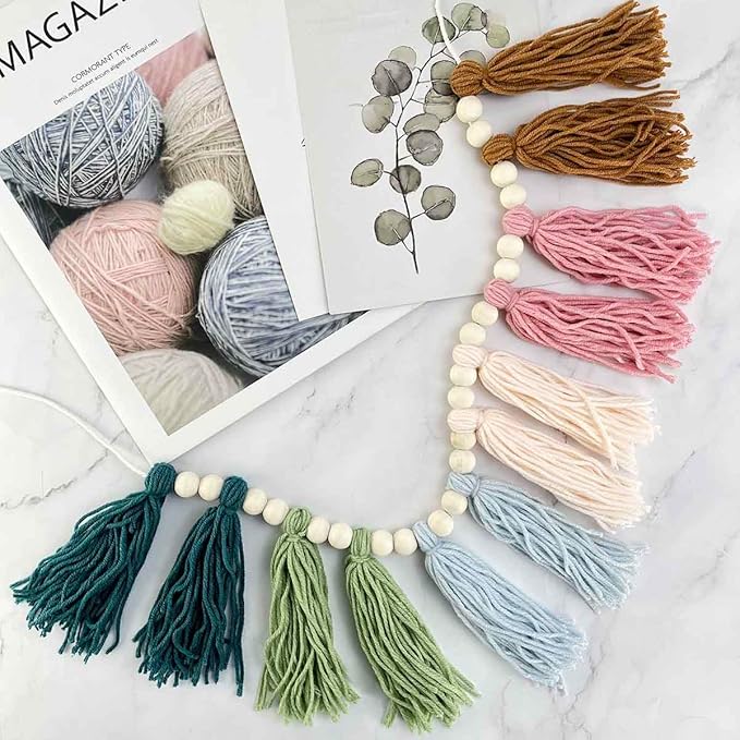 Rainbow Boho Tassel Wall Hanging with Wood Beads - Colorful Pastel Tassel Garland for Kids Room, Classroom, Bedroom, Nursery Home Decoration