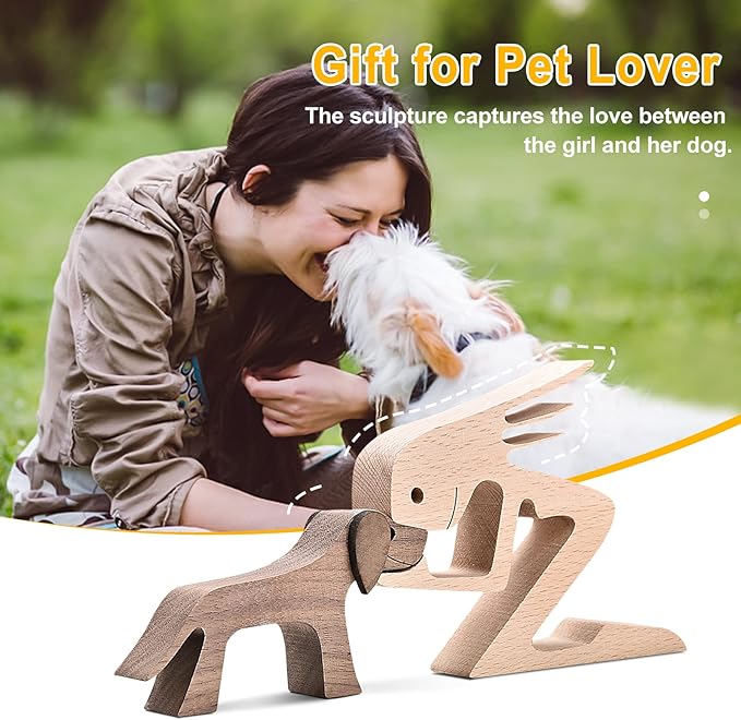 ISHINE Handmade Wooden Dog Gift, Wooden Carving Dog Statue for Home, Office, Living Room
