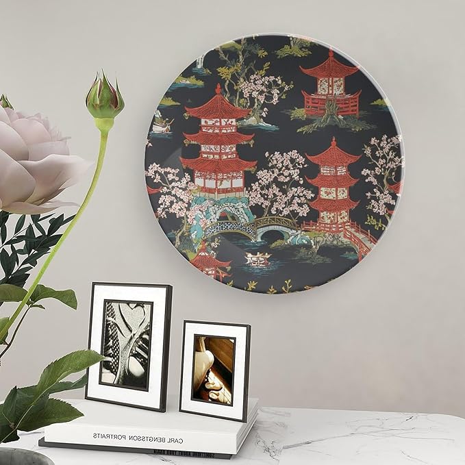 Decorative Plate Chinoiserie Charcoal Coral Pagoda Asian Customize Decor for Festival Display Home Kitchen Ceramic Dinner Plate 1 Plate with 1 Display Stand, Multi Sizes, Gifts for Men Women