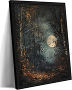 Vintage Framed Wall Art, Forest Gothic Decor, Dark Academia Celestial Moon Canvas Prints, Moody Landscape Painting Wall Decor for Living Room Bedroom – Black Wooden Frame 12x16in