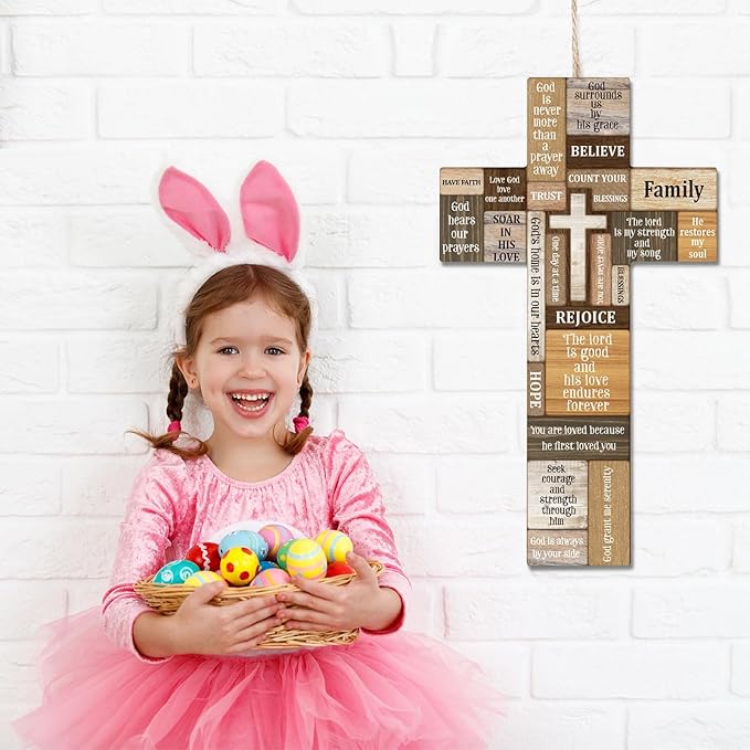 Jetec Cross Wall Decor Christian Wooden Cross Easter Religious Faith Biblical Verse Wall or Table Sign for Easter First Communion Gift Farmhouse Home Hanging Decoration(15 x 8.5 Inch)