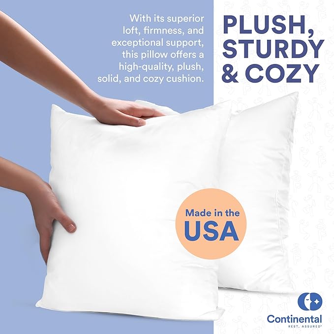 Continental Bedding Throw Pillow Inserts - 16x16, Set of 2, 80% White Goose Down & 20% Feather Fill - Soft Decorative Euro Pillows for Couch, Bed, Sofa & Living Room - Luxurious Comfort & Support