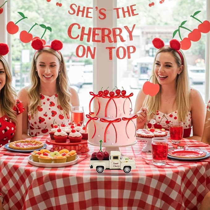 Cherry Decor – 4.9″Sweet Cherry Vintage Metal Truck with 3 Fake Cherries for Themed Party Decorations, Home Kitchen Centerpieces for Tables, Farmhouse Pickup Truck Tiered Tray Decor Gifts(White)