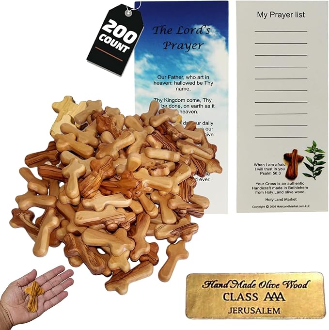 Holy Land Market Small Olive Wood Hand Crosses - 2.5 Inch Pocket Palm Crucifix | Handmade Jerusalem Crosses - Christian Gifts with Certificates & Lord Prayer Card | Meditation & Prayer Crosses (200 count)
