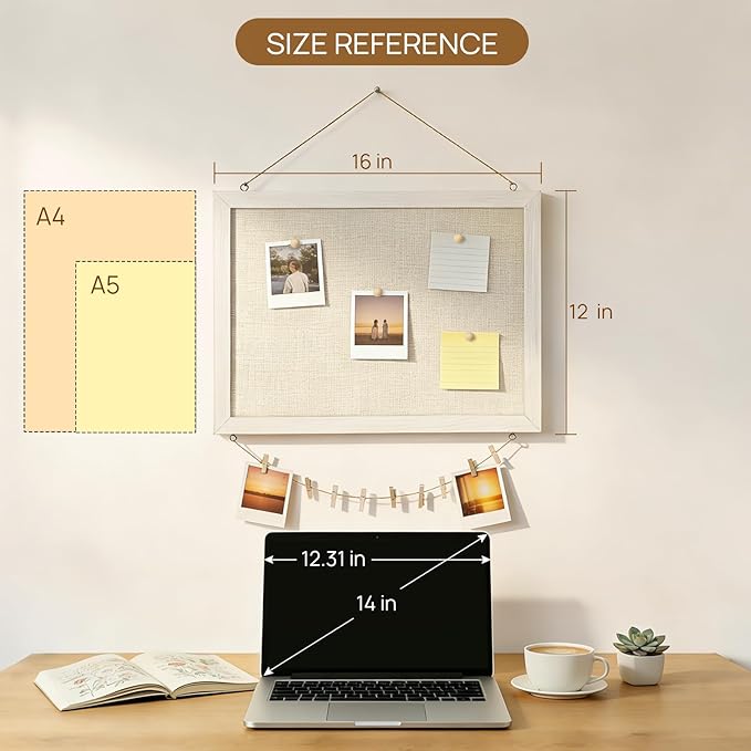 DOLLAR BOSS Bulletin Boards with Linen 1-Pack 16''X 12'' Double-Sided Cork Board for Walls Wood Framed Bulletin Boards, Small Pin Board for Home Kitchen Office Decorative Hanging 10 Pushpins
