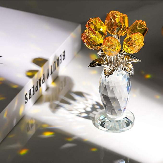 Movdyka Crystal Yellow Rose Flower Figurine with Vase Handmade Romantic Glass Rose for Wife Mom on Birthday Christmas Wedding Home Decorations