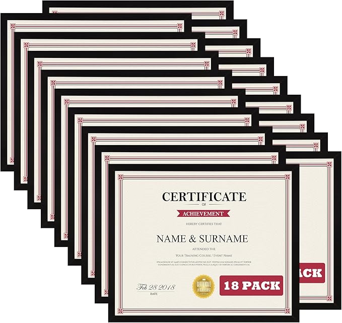 Giftgarden 8.5x11 Picture Frame Set of 18, Multi 8.5 by 11 Certificate Frames Bulk for Award Diploma Document office Wall or Tabletop Display, Black
