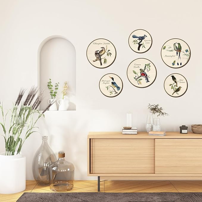 TOARTi 6pcs Vintage Bird Wall Art Set(9.9”x3/7.9”x3) Round Bird Botanical Wooden Plaques Rustic Bird Plant Round Wall Hanging Farmhouse Birds Wall Decor for Home Bedroom Living Room Bird Lover Gift