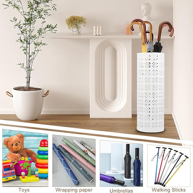Metal Umbrella Stand - Round Storage Rack and Freestanding Organizer Bin for Home, Office, Hotel Entryway - 5.916.5" (White)