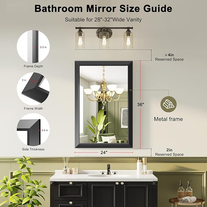 Black Bathroom Mirror for Over Sink, 24x36Inch Thick Anti-Rust Metal Frame, Rectangle Decorative Wall Mirror with HD Tempered Glass Horizontal or Vertical Mount for Vanity, Bedroom, Living Room
