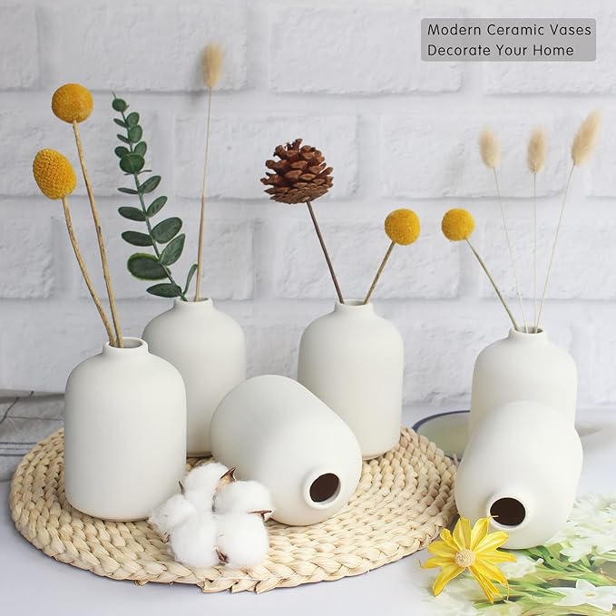 YANLING Small White Vase for Decor, 6 Pack Ceramic Vases for Pampas Grass, Boho Vase for Home Decor White Vases for Flowers, Modern Ceramic Vase Dried Flowers Vases