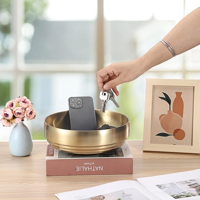 9.1 Inches Stainless Steel Bowl Decorative Key Bowl Golden Serving Bowl for Snack Fruit Dish Round Key Dish for Entryway Table Coffee Table Kitchen Counter