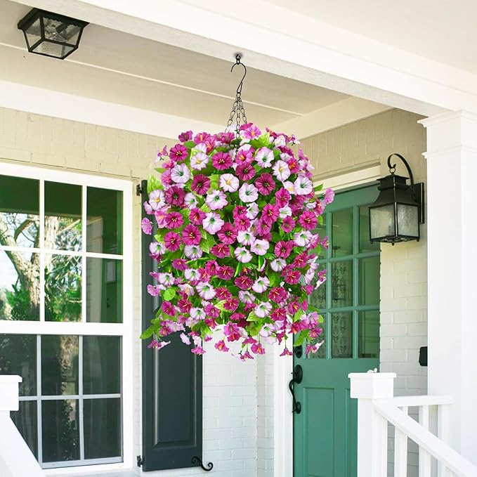 Artificial Faux Hanging Flowers Plants Baskets for Outdoor Spring Summer Decorations,Resistant Fake Morning Glory Silk Plants for Outside UV Resistant Patio Yard Home Porch Decor(Light purple)