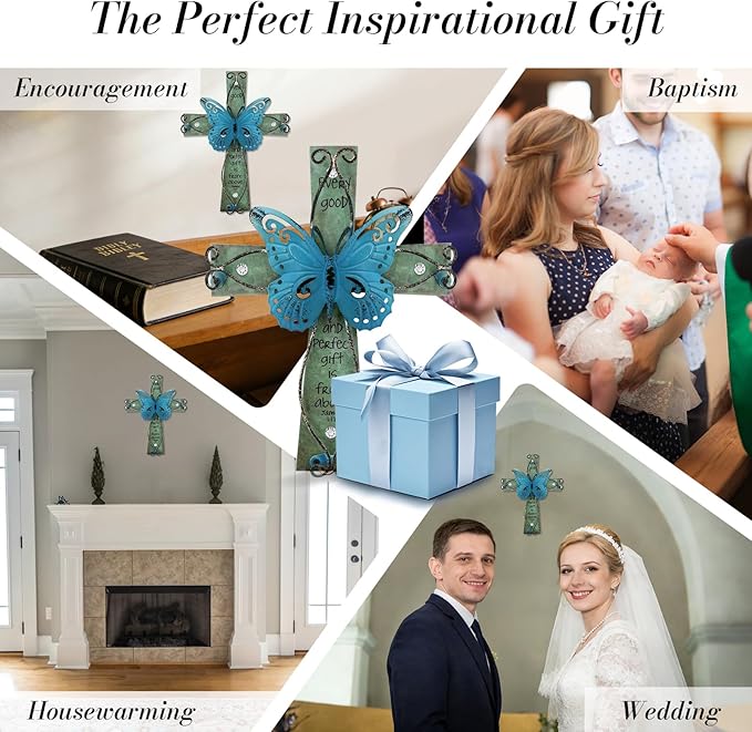 INHAI Handcrafted Christian Wall Cross 9x7,James 1:17 Verse on Wood with Antiqued Metal,Mother's Day Inspirational Home Decor Gift(Blue)