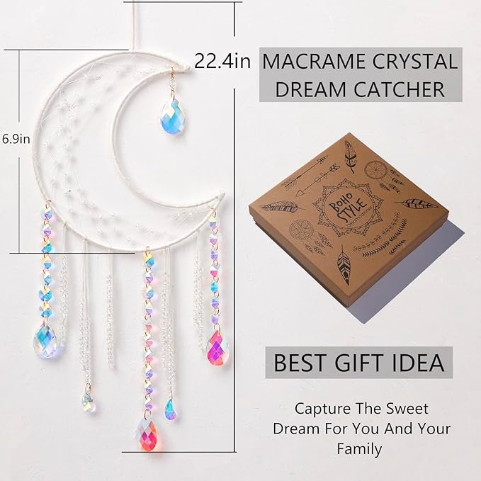 Artilady Dream Catchers with Crystals - Large White Boho Moon Dream Catcher Wall Decor House Decorations for Home Girls Kids Baby Bedroom Room Decor Christmas Birthday Teen Girl Boys Gifts