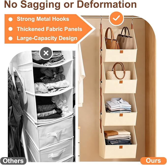 4-Tier Hanging Closet Organizer and Storage with Detachable Bins, Fabric Hanging Shelves for Closet, Dorm, Rv, Space-Saving Collapsible Basket for Handbags, Clothes (47” H)