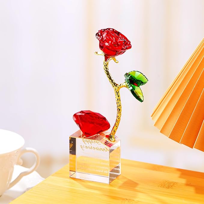 YWHL 40th Wedding Anniversary Rose Gifts for Parents, 40 Years Happy Anniversary Ruby Wedding Gift for Couples, Crystal Rose Figurine with Red Diamond, Romantic Valentines Day Present for Wife
