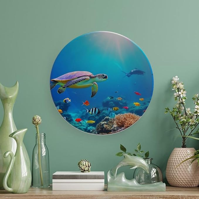 sea Turtle Theme Decorative Ceramic Plate Round Porcelain Plate,8 inch,Ocean Floor Pattern,for Decorative Ornaments Giving Plates,1 Plate with 1 Display Stand,Blue Green